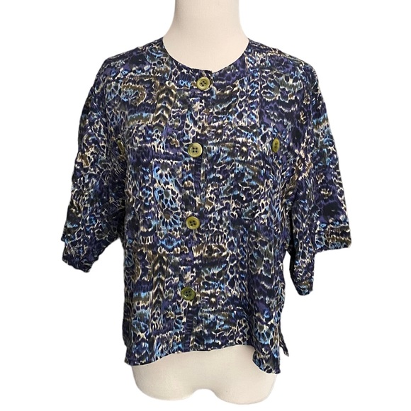 Vintage Rodier Silk Cropped Blouse Top Ikat Print Blue  Olive Size Small 38 - Picture 9 of 9